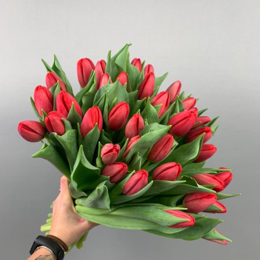 Букет из 35 красных тюльпанов "Весенний этюд". Фото №1
