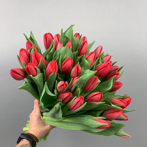Букет из 35 красных тюльпанов "Весенний этюд". Фото №2